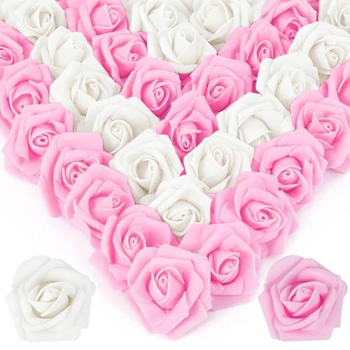 Image of 100Pcs Real Looking Pink and White Blend Artificial Rose Flower Heads, Foam Fake Roses for DIY Wedding Decorations Baby Shower Centerpieces Home Party Valentine's Day Mother's Day Decor