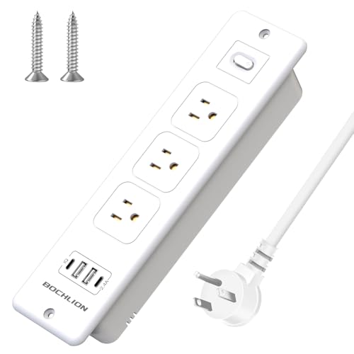 BOCHLlON Recessed Power Strip with 3 Outlets4 USB Ports, Slim Space Saving EmbeddedSocket for Home, Office and Hotel Use, 6 Ft Extension Cord (White)