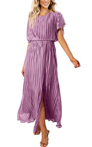 Image of ECOWISH Women Maxi Dresses Cocktail Party Wedding Guest Formal Pleated Long Dress Short Sleeve Slit Empire Waist Evening Gown