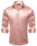Hi-Tie Mens Long Sleeve Dress Shirt Satin Button Down Casual Prom Wedding Regular Fit Button Up Shirt,Rose Gold Satin,X-Large