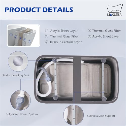 Image of 47 inch Lucite Acrylic Freestanding Bathtub，Square Shape Janpanese Soaking Tub with Seat Desgin,Toe-tap Chrome Right Drain, Slotted Overflow, cUPC Certified, 37 Gray