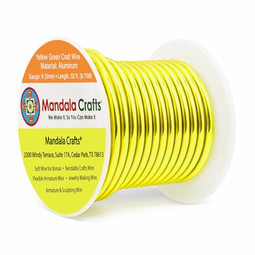 Image of Mandala Crafts 8 Gauge Yellow Green Anodized Aluminum Craft Wire, 32 FT | Colored, Flexible, Bendable, for Bonsai, Armature, Sculpting, Wire Wrapping, Jewelry Making, Weather & Tarnish Resistant