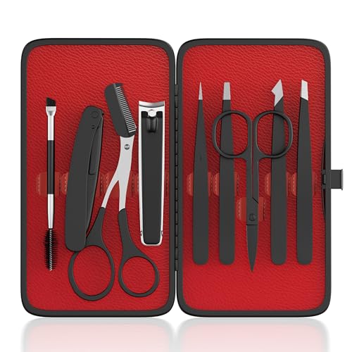 ESSBES Tweezers for Women Facial Hair 9 in 1 Eyebrow Kit with Tweezers Eyebrow Trimmer Scissors Razor Brush with Leather Travel Case Hair Plucking Daily Beauty Tools