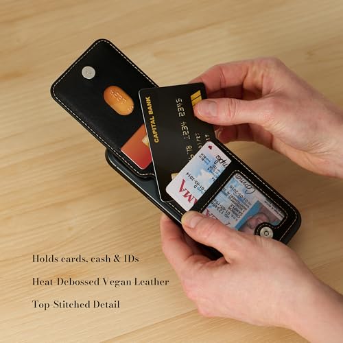 Image of Christian Art Gifts Magsafe Compatible Magnetic Faux Leather Phone Wallet Stand for Men /Women: Multiple Non-Slip Card Slots, Secure Button Closure, ID Window, Debossed Cross Design, Black, 3.9 inch x 2.5 inch