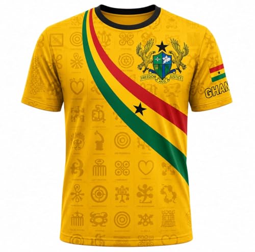 Ghana Football Jersey Yellow Gold Soccer Shirt with Adinkra Symbols National Coat of Arms Flag Stripe and Number 57 (US Alpha Large Regular Regular)