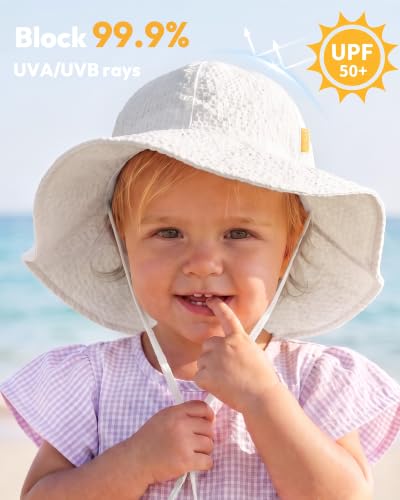 Image of HONGTEYA Baby Sun Hat Toddler Girl Beach Hat Sun Protection Adjustable Outdoor Summer Wide Brim Bucket Hat for Infant Kids
