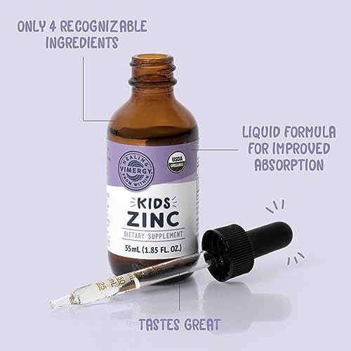 Image of VIMERGY Kids USDA Organic Liquid Zinc Sulfate - for Children & Adolescence 1-18 Years Old, Fast-Absorbing Immune Support* - Promotes Healthy Bones, Hair & Skin, Vegan, Non-GMO - 55 mL