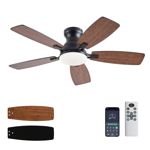 JSAITEE Ceiling Fans with Lights, 42 Inch Low Profile Ceiling Fan with Light and Remote Control, Flush Mount, DC Reversible Motor, Noiseless, Brown 6 Speeds Ceiling Fan for Bedroom