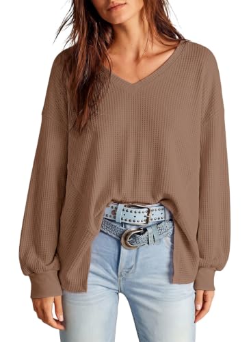 Image of Dokotoo Womens Waffle Knit Tops Trendy Fashion 2026 Oversized T Shirts | Lightweight,V Neck,Casual,Batwing Sleeve,Loose Fit,Irregular Hem,Boyfriend Style,Oversized,Fall Outfits