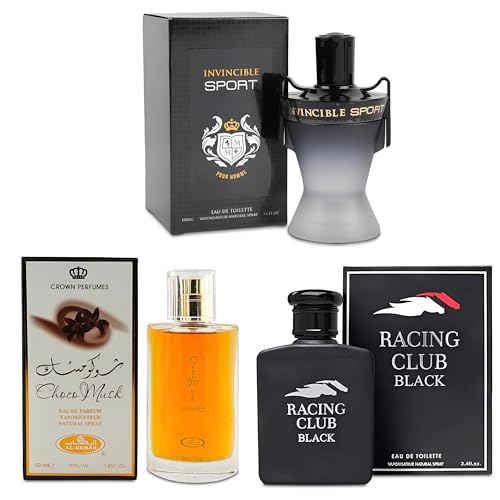 A CENTER 3Pack Men Colognes Choco Musk&Racing Club Black&Invincible Sport Eau De Parfume Spray with Woody Floral & Fruity Scent Perfume Gift Set Day to Night Luxury Fragrances