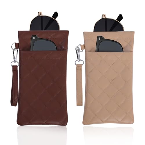 FlyingMage Double Eyeglass Case Soft Dual Glasses Case for Women Men Travel Squeeze Top Sunglasses Cases Eyeglasses Pouch (2, Brown+Khaki)