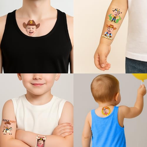 Image of Custom Cowboy Temporary Tattoos for Kids, Set of 20 | Personalized Pre-Cut Face Photo, Birthday Party Favors, For Boys & Cowboy Lovers, Unique Celebration Gifts