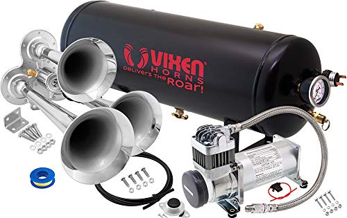 Vixen Horns Train Horn Kit for Trucks/Car/Semi. Complete Onboard System- 200psi Air Compressor, 2.5 Gallon Tank, 3 Trumpets. Super Loud dB. Fits Vehicles Like Pickup/Jeep/RV/SUV 12v VXO8325/3114