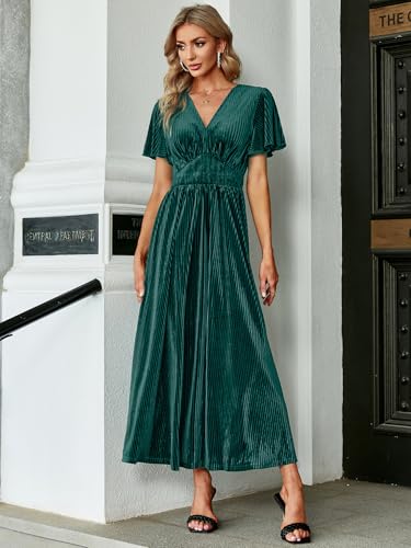 Image of Simplee Women's V Neck Velvet Maxi Dress Short Sleeve Empire Waist Long Formal Dress for Wedding Guest