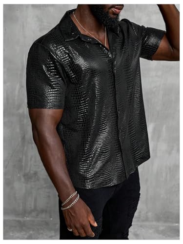WDIRARA Men's 70s Disco Top Crocodile Pattern Button Down Shirt Short Sleeve Rave Party PU Leather T Shirt3
