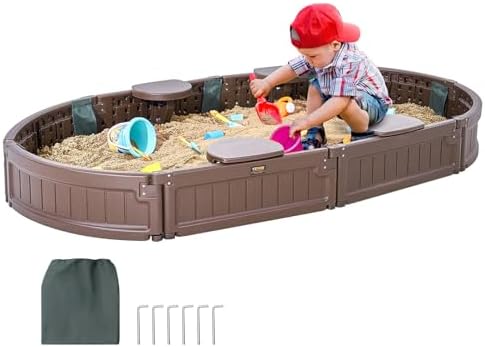 VEVOR Sandbox with Cover, 72 x 41.5 x 9.1 in Oval Sand Box, HDPE Sand Pit with 4 Corner Seating and Bottom Liner, Kids Sandbox for Outdoor Backyard, Beach, Park, Gift for Boys Girls Ages 3-12, Brown