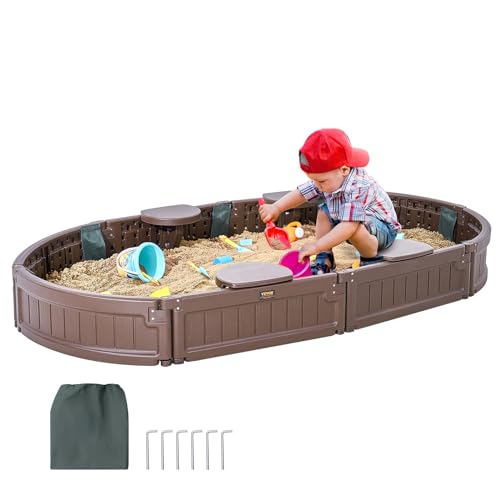 VEVOR Sandbox with Cover, 72 x 41.5 x 9.1 in Oval Sand Box, HDPE Sand Pit with 4 Corner Seating and Bottom Liner, Kids Sandbox for Outdoor Backyard, Beach, Park, Gift for Boys Girls Ages 3-12, Brown