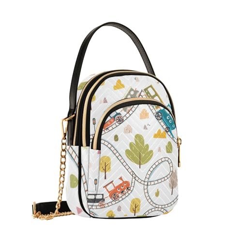 Shoulder Handbag Women Quilted Phone Purse Chain Strap Handbag Fun Designer Satchel Crossbody Bag Cute Cartoon Trains Tracks Beige2