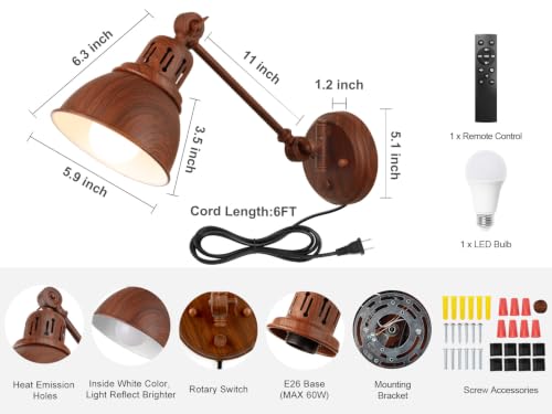 Image of GOODATE 1 Pack Plug in Wall Sconce with Remote Control, Dimming, Adjustable Colors 2700K-6500K, Plug in Wall Light, Swing Arm Wall Lamp with Night Light & Timer, LED Bulb Included, Walnut Finish
