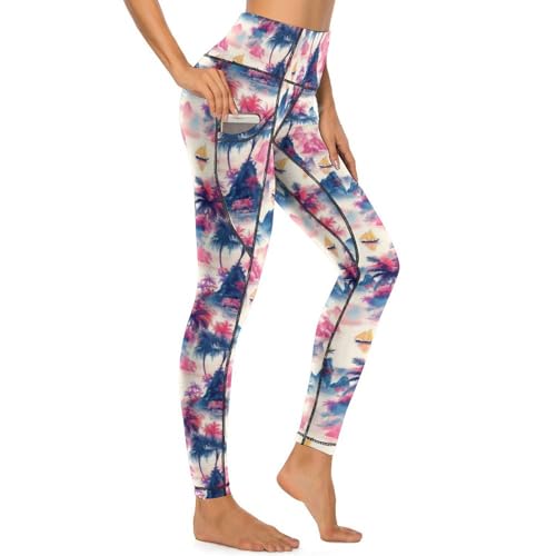 Legging rose imprimé hawaïen pour femme avec poches et taille haute