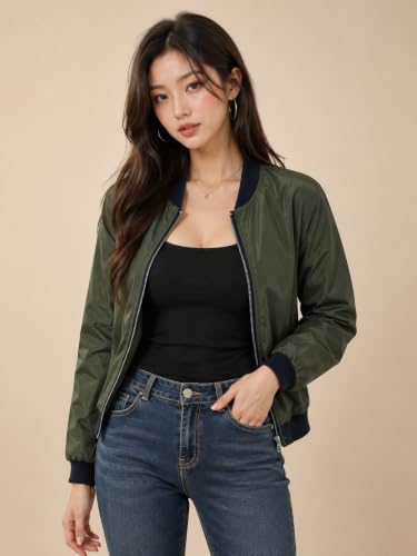 Image of Women's Bomber Jacket | Lightweight Zip-Up Casual Jacket | Full Sleeve Ribbed Collar Solid Jacket with Pockets | Stylish Outdoor Windcheater