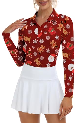 Soneven Womens Golf Shirts Moisture Wicking Long Sleeve Polo Shirts Collared V-Neck Golf Polos Shirts Argyle