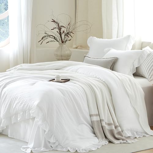 Image of Pure White Ruffle Comforter Set Queen, Pre-Washed Shabby Chic Bedding Set, Lightweight Cottagecore Soft Romantic Cozy 1 Comforter & 2 Shams, All-Season