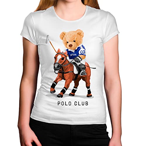 Camiseta Feminina Branca URSO TEDDY NO CAVALO POLO CLUB (as2, alpha, l, regular)