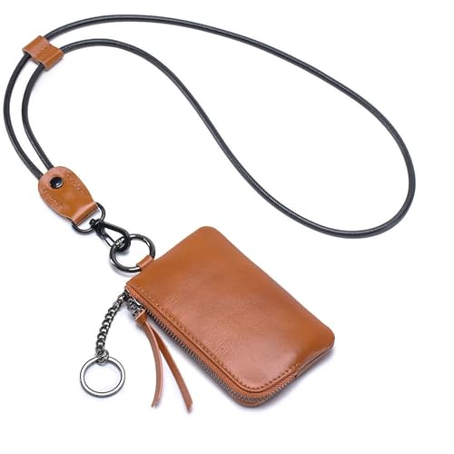 AHQKCRF Small Coin Purse for Women Minimalist Functional Hanging Leather Keychain Wallet Fashion Change Purse for Credit Card (Brown)