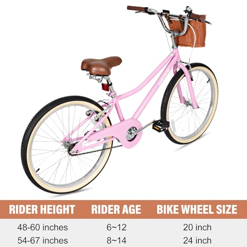 Image of WEIZE Beach Cruiser Bike, 24 Inch Kids Bike with Basket and Kickstand, Retro Style Childrens Bicycle for Teen Girls, Lightweight Steel Frame, Pink