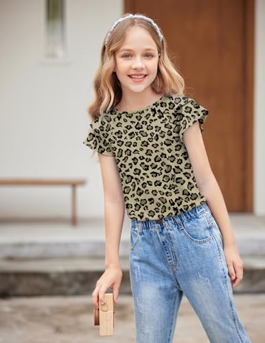 Image of Girls T Shirts Ruffle Short Sleeve Round Neck Loose Blouse Summer Solid Color Casual Girl Tee Tops for 3-12 Years