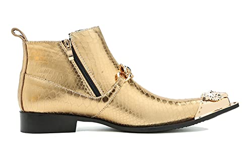 Santimon Mens Chelsea Boots Casual Dress Ankle Boots Genuine Leather Metal Pointed-Toe Double Zipper Gold Chain Western Boots Fashion Prom Wedding Tuxedo Party Singer Cowboy Boots for Men3