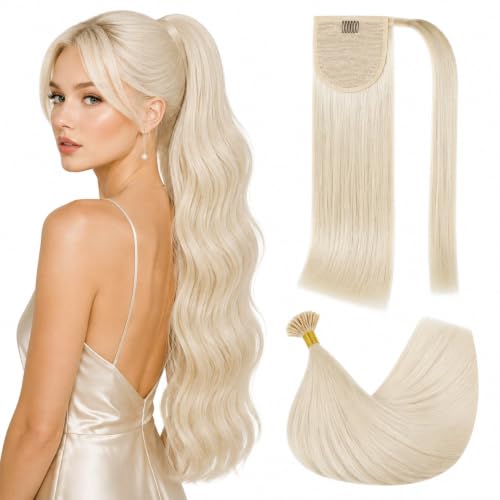Full Shine Platinum Blonde Human Hair Extension Bundle with Ponytail image 2