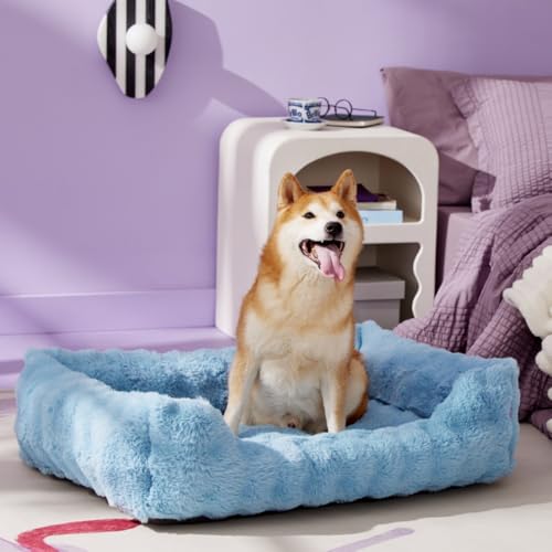 LE SURE Fluffy Dog Beds for Large Dogs - Orthopedic Rectangle Calming Pet Bed,Plush Bubble Bolster Pet Sofa with Removable Washable Cover and Nonskid Bottom,36x27x8inches,Blue