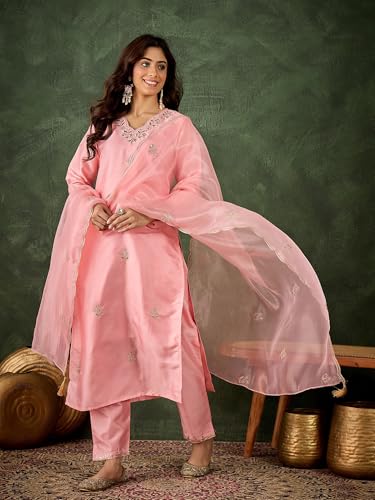 Image of VredeVogel Women's Ethnic Wear Embroidered Silk Blend Kurta Pant Set with Organza Dupatta | Festive & Casual Summer Kurti with Pants for Party Office & Ethnic Occasions