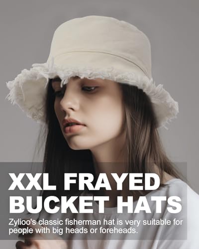 Image of Zylioo Plus Size Frayed Bucket Hat, Reversible 2 in 1 Fringe Tassel Sun Hat for Big Heads, Wide Brim UPF 50+ Fishing Hat