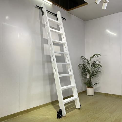 Aluminium Rolling Library Step Ladder Kit, Telescoping Upper Hook & Bottom Brake Roller, Rustic Black Finish, 24ft Sliding Ladder Hardware for Home & Library Use