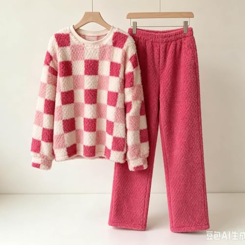 Flannel Pajamas for Women 2 Piece Plaid Crewneck Top Wide Leg Home Pants - image 2