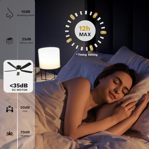 DWVO 52 inch Flush Mount Ceiling Fan with Lights, 5 Blade Low Profile Ceiling Fan with Remote,Tri-Color Temperature, 6 Speed Black and Gold, Quiet DC Motor for Bedroom, Living Room