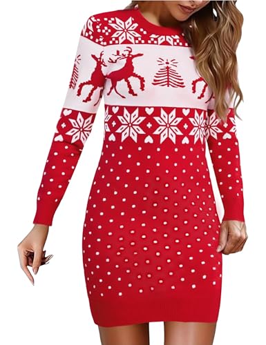 Uniexcosm Strickkleid Damen Weihnachten Elegant Pulloverkleid Langarm Rundhals Weihnachten Winterkleid Modischer Strickpullover Weihnachtskleid für...