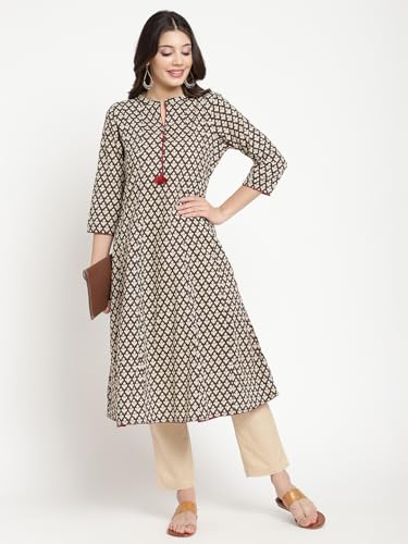 Image of SAVI Beige and Black Cotton Printed Flared Kurta