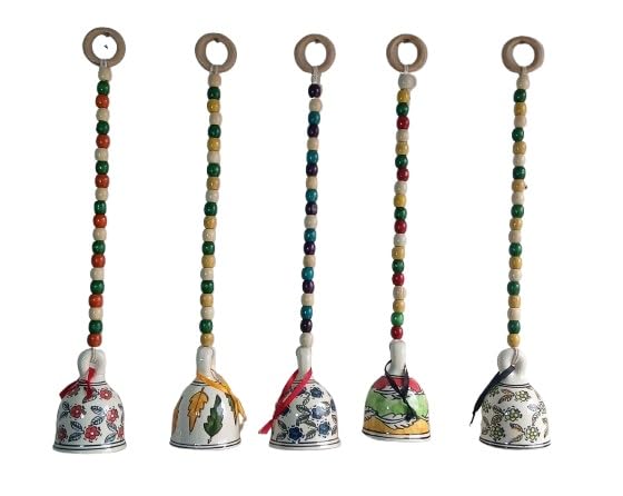Big Wall Hanging Ceramic Bells with Wooden Beads | Set of 5