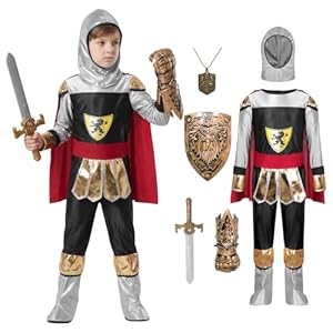 Joyesplay Ritter Kostüm Kinder 5 PCS,Faschingskostüme Kinder Mittelalter Kostüm für Jungen,Märchenkostüme Kinder Ritter mit Umhang Schild Schwert (XL)