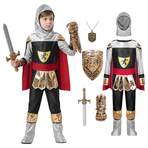 Joyesplay Ritter Kostüm Kinder 5 PCS Faschingskostüme Kinder Mittelalter Kostüm für Jungen Märchenkostüme Kinder Ritter mit Umhang Schild Schwert (M)