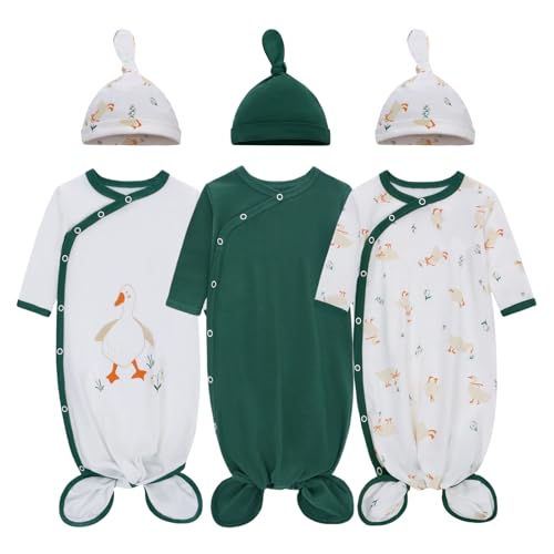 LAT LEE AND TOWN Newborn Baby Knotted Gowns with Hat Set 3 Pack Infant Outfit Sleepers Gown Home Outfits Set (cole duck, S)