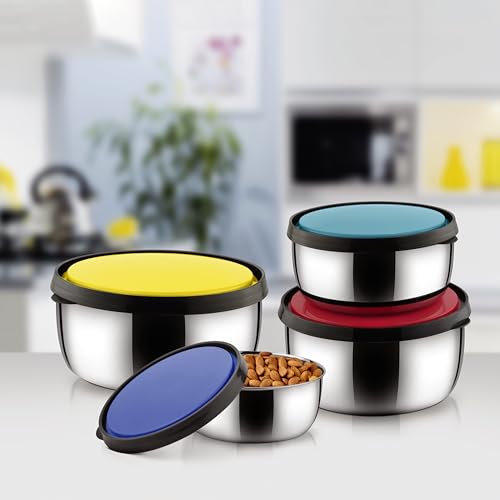 Image of CLASSIC ESSENTIALS kiwi Stainless Steel Food Storage Container with Multi Color Lid, Serve & Store | Spill Free | Food Grade | Multipurpose Use | Air Tight | Leak Proof, Multicolor, Set of 4