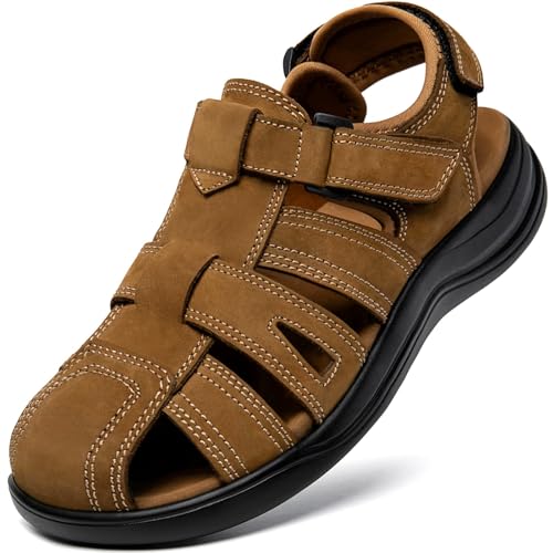 Image of Men's Sport Sandals Closed Toe Leather Hiking Athletic Walking Outdoor Beach Trail River Fishing Water Shoes Lightweight Comfortable Waterproof
