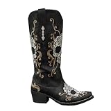 Fomoti Women's Embroidered Western Cowboy Boots Classic Vintage Design Square Toe Sturdy Chunky Heel Easy Slip-On Faux Leather(black,8)