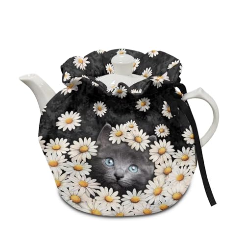 Image of Russian Blue Cat Print Tea Pot Cosy Daisy Print Teapot Insulation Cover Drawstring Design Breakfast Warmer with Insulation Pad 6.1x6.1x6.9 Inch Tea Cozy for Teapot