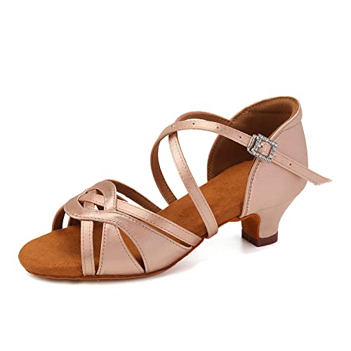 HIPPOSEUS Girls Silk Satin Latin Dance Shoes Open Toe Ballroom Salsa Dance Practice Performance Dancing Shoes Kitten Heel,Model EM